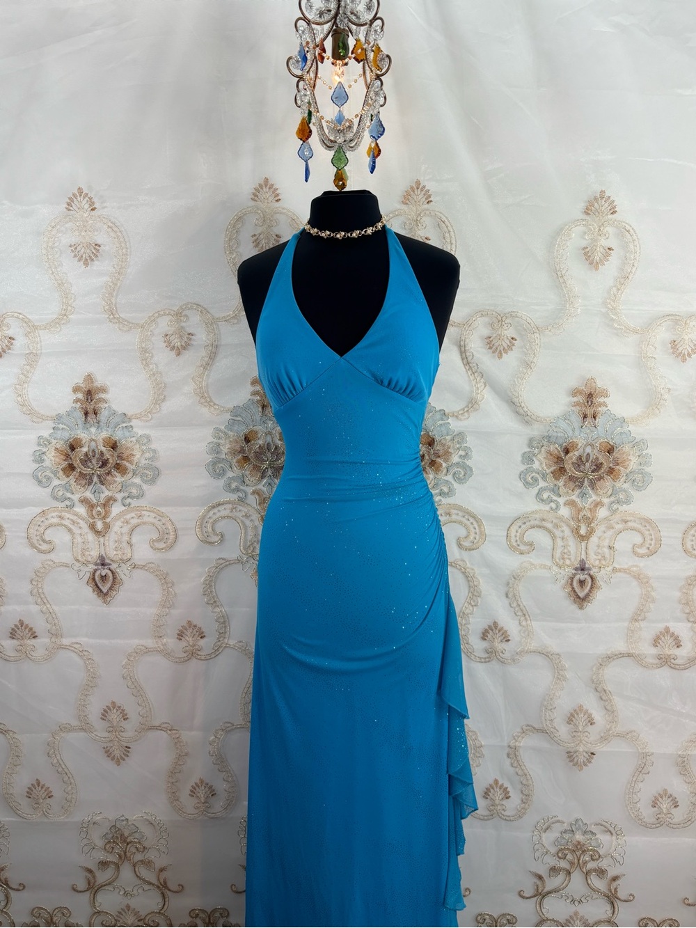 ✨Vintage Y2K Aqua Shimmer Ruched Halter Mermaid Maxi Dress✨ - Picture 4 of 7